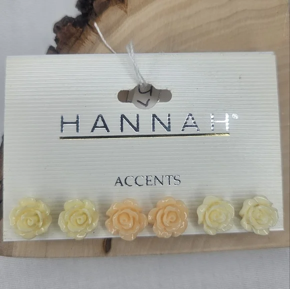 Hannah Accents Rose Stud Set Of 3 Yellow, Peach, Cream 1/2 Inch Retail $24 NWT - Picture 3 of 5